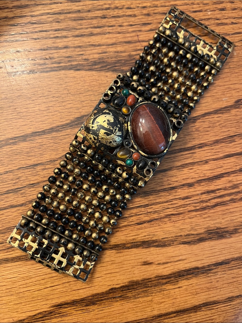 Vintage Chunky Beaded Statement Bracelet w Brown Cabochon Stone Bold Statement